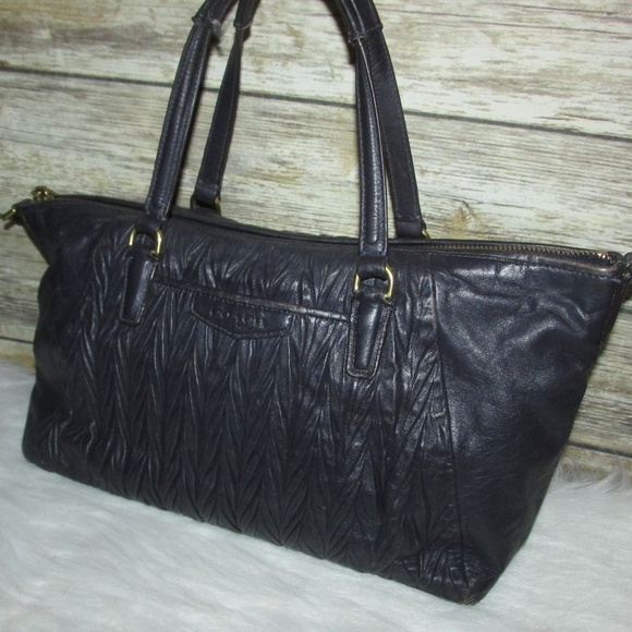 Coach Navy Blue Gathered Leather Satchel Tote - Picture 2 of 8